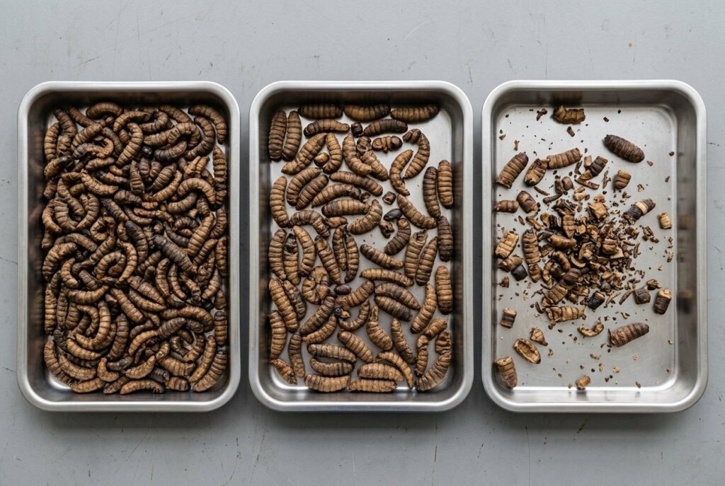 Whole dried BSFL quality inspection showing intact larvae and broken pieces