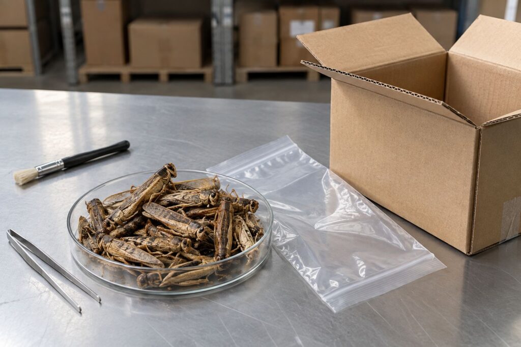 Freeze-dried grasshoppers in protective bulk packaging for B2B export