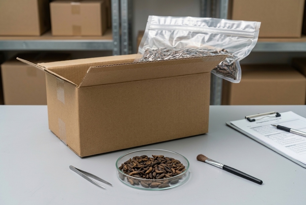 Bulk dried BSFL in protective packaging for B2B export supply
