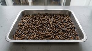 Dried BSFL quality inspection showing whole black soldier fly larvae