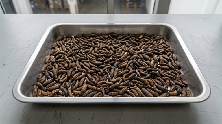 Dried BSFL quality inspection showing whole black soldier fly larvae