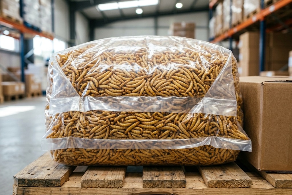 Bulk mealworms packed in high-barrier moisture-proof bags for export quality control
